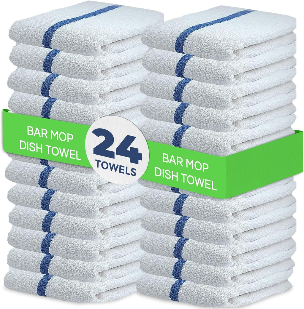 Towels N More 24 Pack 16x19 Bar Mop Towels High Absorbent Cotton Reusable Kitchen Towels - Quick Drying Towels for Chef, Cook, Home, Restaurant, Bar Glass Cleaning Towels (24, Blue Stripe)