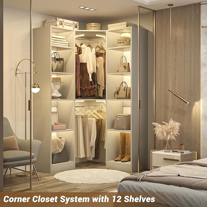 Corner Closet System with 12 Shelves, 39.2" Corner Closet Organizer System with 2 Hanging Rods, Versatile 6-Tier Walk-in Closets for Corner Space, Grey (39.2" L x 39.2" W x 80" H)