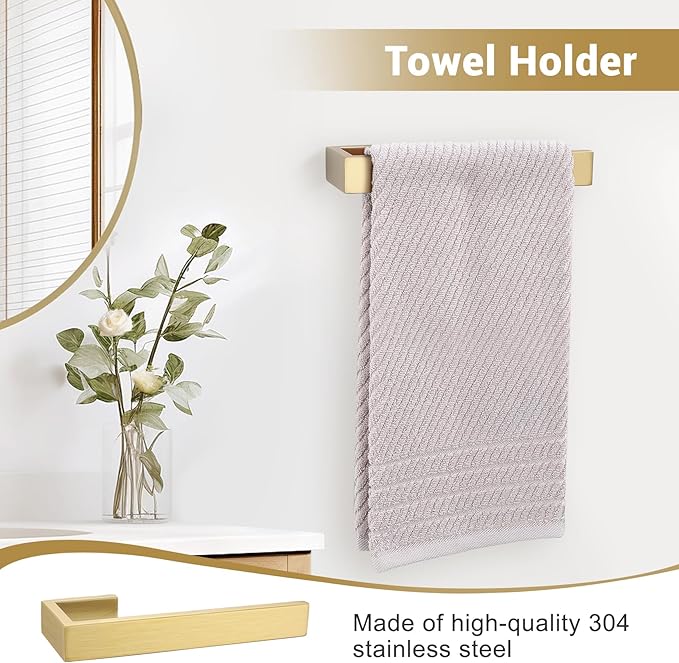 Brushed Gold Bathroom Hardware Set, 4-Piece Bath Towel Bar Set SUS304 Stainless Steel Towel Rack Set for Bathroom, 23.6 inches Bathroom Towel Holder Set Wall Mounted