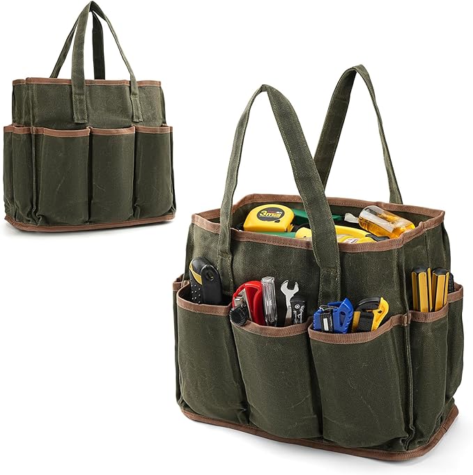 13in Tool Bag, Heavy Duty 19oz Waxed Canvas Bag 11-Pocket Portable Tool Bag Organizer Storage Toolbox for Gardener Welders Electrician Working Mechanic tool bags for men