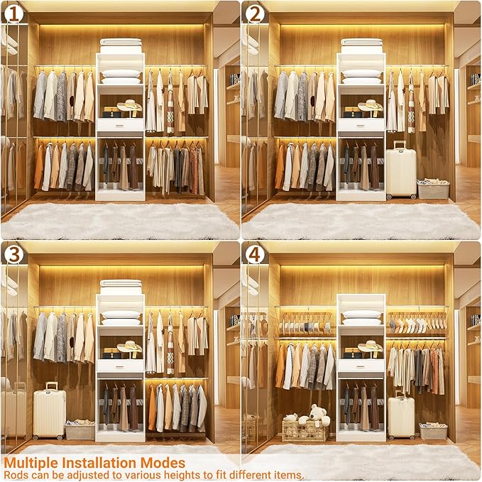 Unikito 8FT Closet System, 96 Inch Walk in Closets Organizer Kit with 4 Extendable Hanging Rods and Drawer, Adjustable Wood Garment Rack, Sturdy Closet Insert, Easy Assembly, Max Load 1000 LBS, White