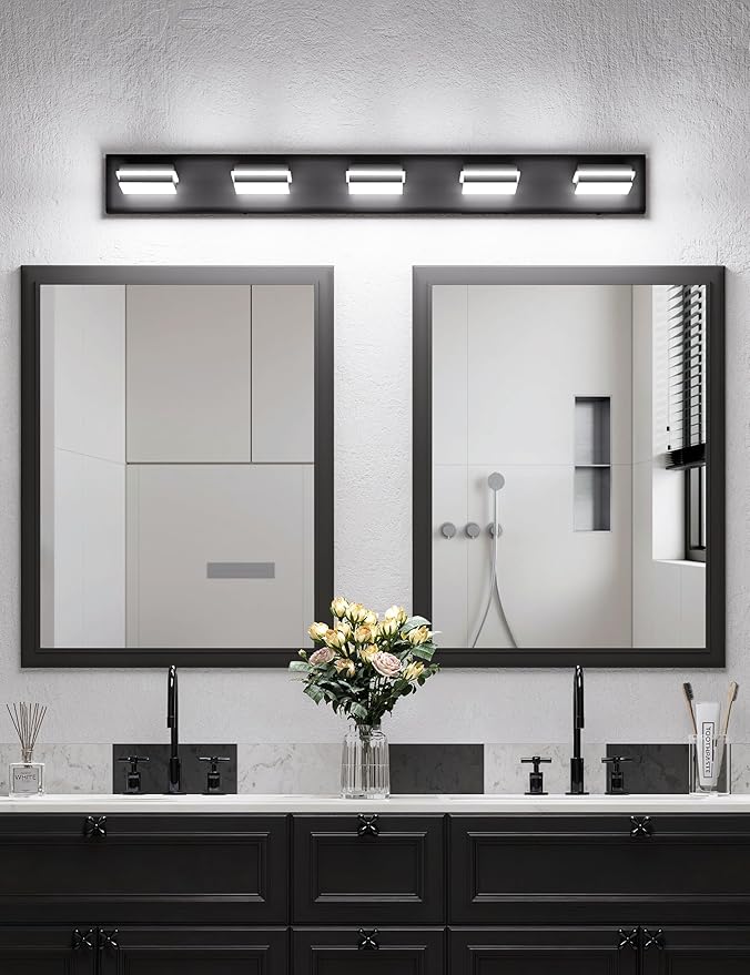 VOLISUN 5 Light Bathroom Vanity Light Fixtures 40 inch,Black LED Bathroom Lighting Fixtures Over Mirror, 360°Rotatable Head, LED Vanity Lights for Bathrooms (6000K)