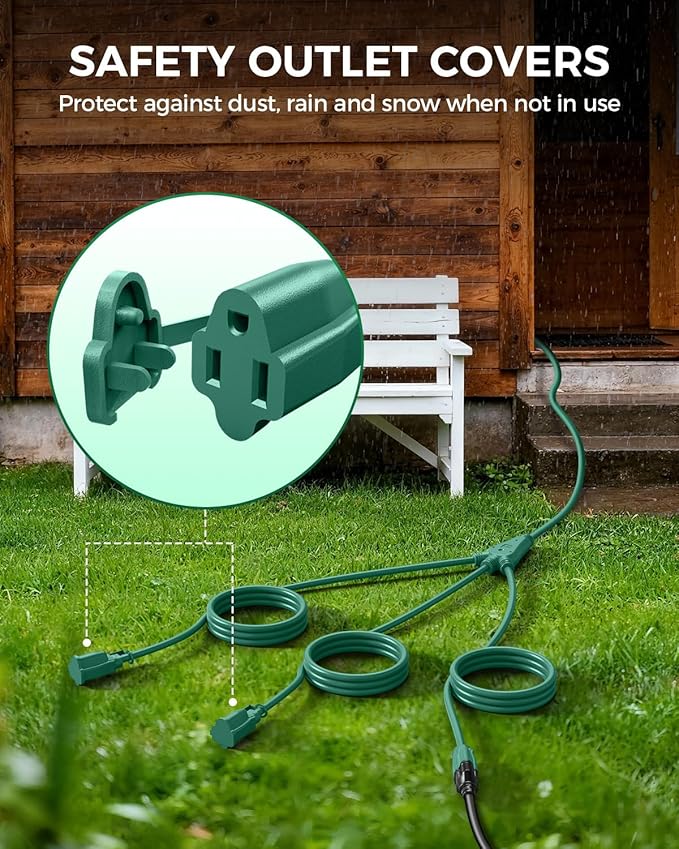 28Ft Outdoor Extension Cord, 1 to 3 Splitter Heavy Duty Weatherproof Power Cord, 16/3 SJTW, 3 Grounded Outlets Flat Plug for Patio, Garden, Halloween Displays, Christmas Lights, Green ﻿