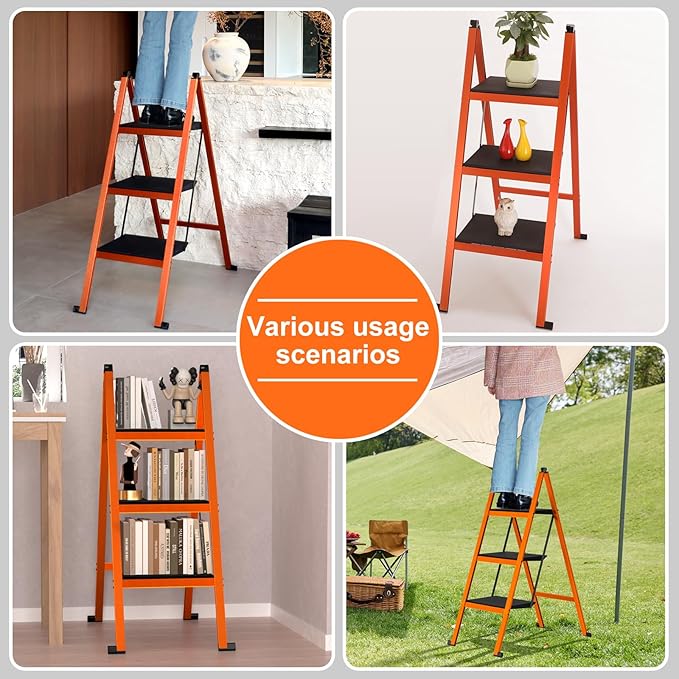 3 Step Ladder,Aluminum Ultra Thin Folding Step Stool,400 Lbs Capacity Heavy Duty with Anti-Slip Sturdy and Wide Tread,Closet Slim Step for Home,Kitchen and Office,Space Saving (Orange, 3-Step)
