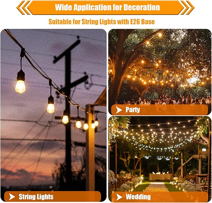 Replacement Bulbs for String Lights, 2W S14 Shatterproof Outdoor LED Light Bulbs, 2700K Soft White, E26 Base, AC120V, Not Dimmable, 30 Pack