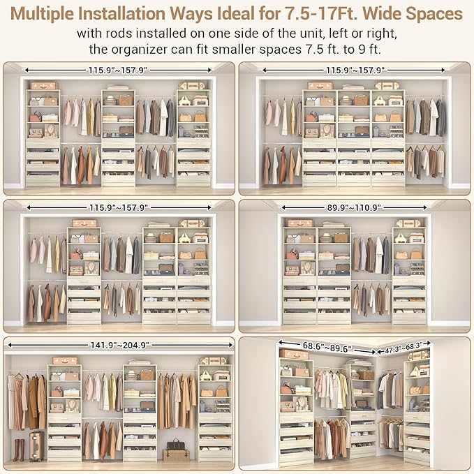 Aheaplus Closet System with 12 Drawers, 8.5-11.5Ft Wood Closet Organizer System with 4 Hang Rods & 3 Towers, 4Ft & 6Ft L-Shaped Walk-in Closets Wardrobe Organizer Clothes Rack, Set of 3, White Oak1