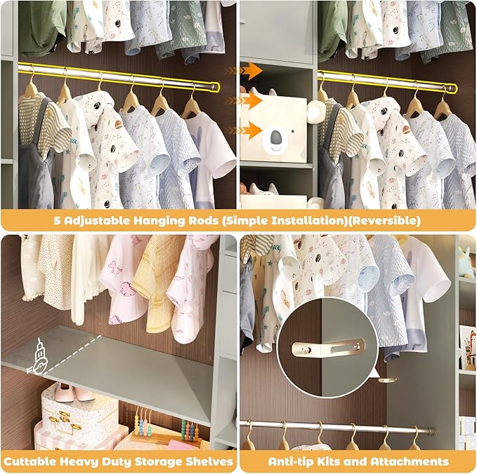 Closet System - 4.75-8FT Closet Organizer System with Wooden Drawers & Cube Storage Organizer, Up To 96" Closet Systems for Nursery & Walk-In Closets with Cuttable Hanging Shelving, Crab Green