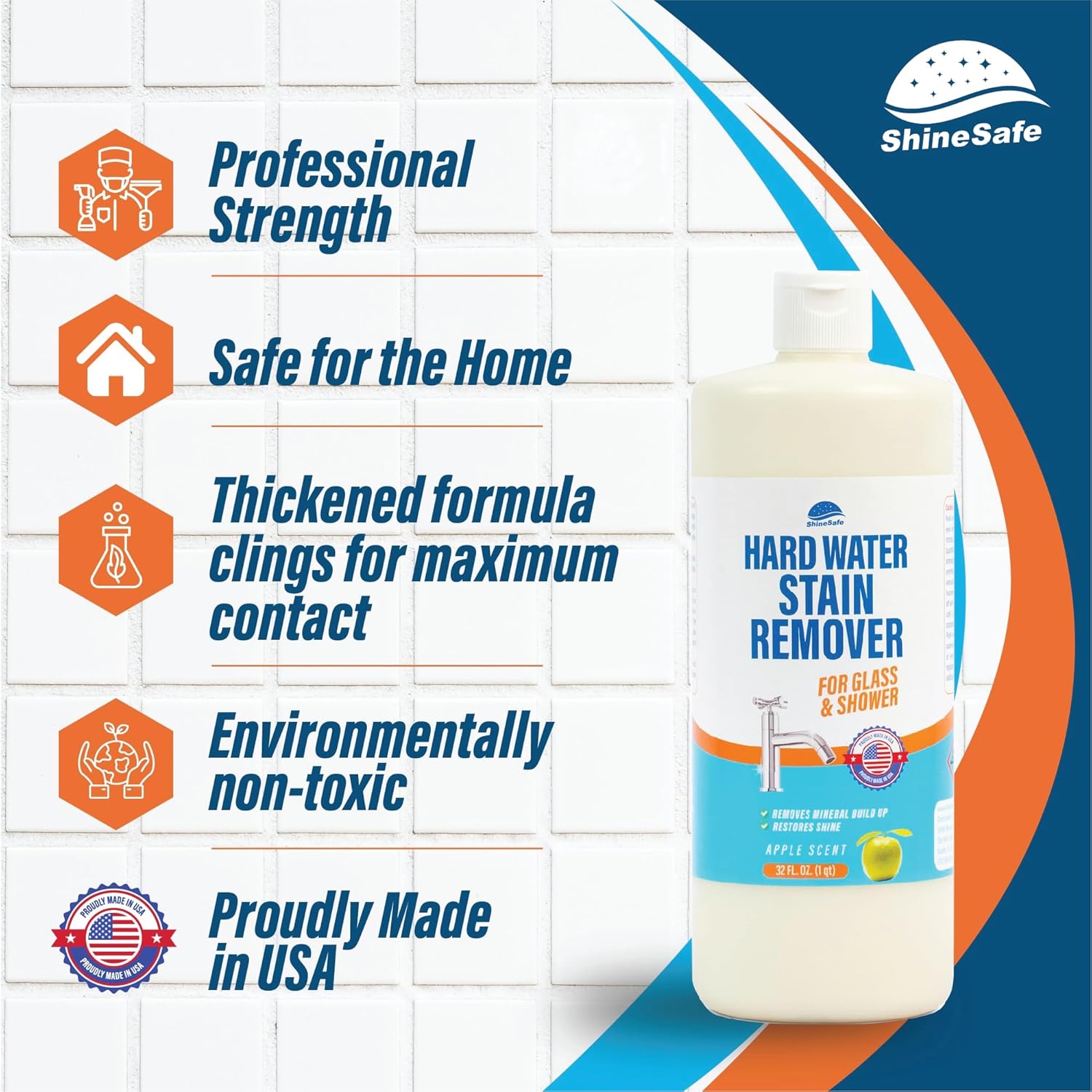 ShineSafe Hard Water Stain Remover – Professional-Grade Calcium Lime Rust Cleaner for Glass, Shower, Tub, Sink – Bleach-Free – 32 Fl Oz