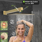 Enga Brushed Gold Rain Shower System with Body Jets, 12 inch Rain Shower Body Spray Jets System Wall Mounted Shower Faucet Set with 3-Function Brass Shower Valve