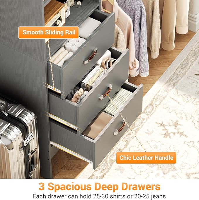Homieasy 96 Inches Closet Organizer System, 8FT Customizable Walk In Closet Organizer with Hanging Rods, 3 Drawers Garment Rack with Leather Handle , 96" L x 16" W x 75" H, Max Load 1000 LBS, Grey