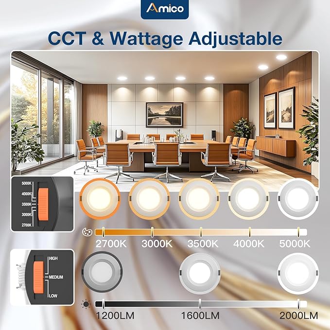 Amico 6 Inch Commercial LED Recessed Downlight, 12W/17W/22W Adjustable, 5CCT (2700K-5000K), 120-277V, CRI 90+, 0-10V Dimmable, Canless Ceiling Light, ETL & FCC Certified