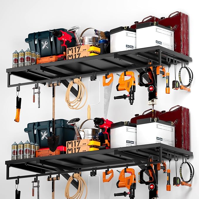 2pcs Garage Wall Shelving - 3.5*2FT Extra Large Heavy Duty Floating Shelves with 30 Hooks, Load Capacity 1102 Lbs, Hanging Garage Storage Rack, Tool Hanger Organizer Utility Rack, For Home, Workshop