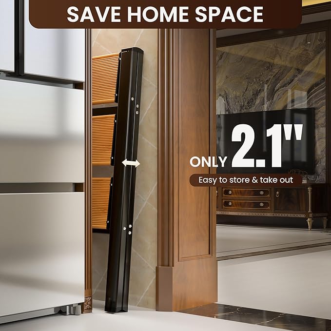 GameGem 3 Step Ladder, Aluminum Folding Step Stool with Anti-Slip Sturdy and Wide Pedal, Lightweight Portable Stepladder for Home and Kitchen Use Space Saving, 330 lbs, Black Woodgrain