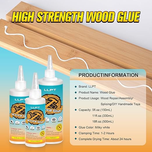 LLPT Wood Glue 11.2 Ounce | Dried Clear Ultimate Waterproof Wooden Super Glue Exterior | All Purpose Wood Adhesive | Heavy Duty for Woodworking Projects Repairs and DIY (LWG330)