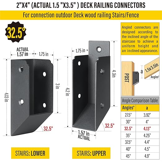201 Stainless Steel 2" x 4" (1 ½" x 3 ½" Actual) Deck Railing 32.5°Stair Connectors, for Deck Railing Stair Handrail Connection Installation Deck Railing Bracket (8 Pair-Black)