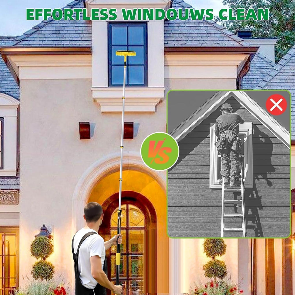 213'' Long Reach Window Squeegee with Telescoping Extension Pole,2 in 1 Shower Cleaning with Telescopic Pole, Extension Washing Tool with Rotatable Clean Head for Indoor/Outdoor High Window Glass