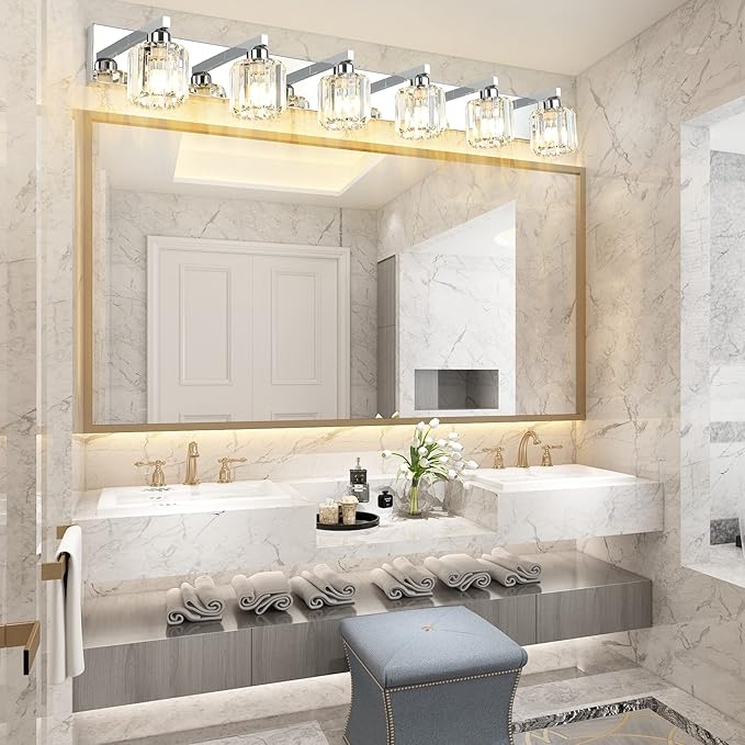 Aipsun Bathroom Vanity Light Crystal Vanity Lighting Fixtures 6 Lights Chrome Vanity Light for Bathroom (Exclude Bulb)