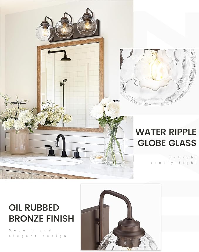 zeyu Bathroom Light Fixtures, 3-Light Bathroom Vanity Light, 20 Inch Modern Wall Sconces with Water Ripple Globe Shade, Oil Rubbed Bronze Finish, ZSL72BG-3W ORB-WG