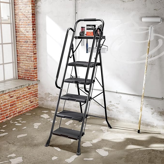 KINGRACK 5 Step Ladder, Folding Step Stool for Adult with Tool Platform, Handrails, Wide Anti-Slip Pedals, Pass 800lbs Load Testing， Portable Safety Step Stool for Home, Kitchen, Black