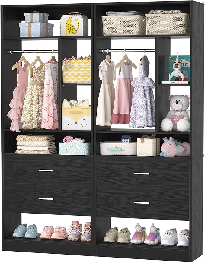 4FT Closet System with 4 Wood Drawers, 48" Closet Organizer System with 10+ Small Shelves & 2 Hanging Rods, Walk-in/Nursery Closet Systems, Set of 2, Black (48" L x 15" W x 80" H)