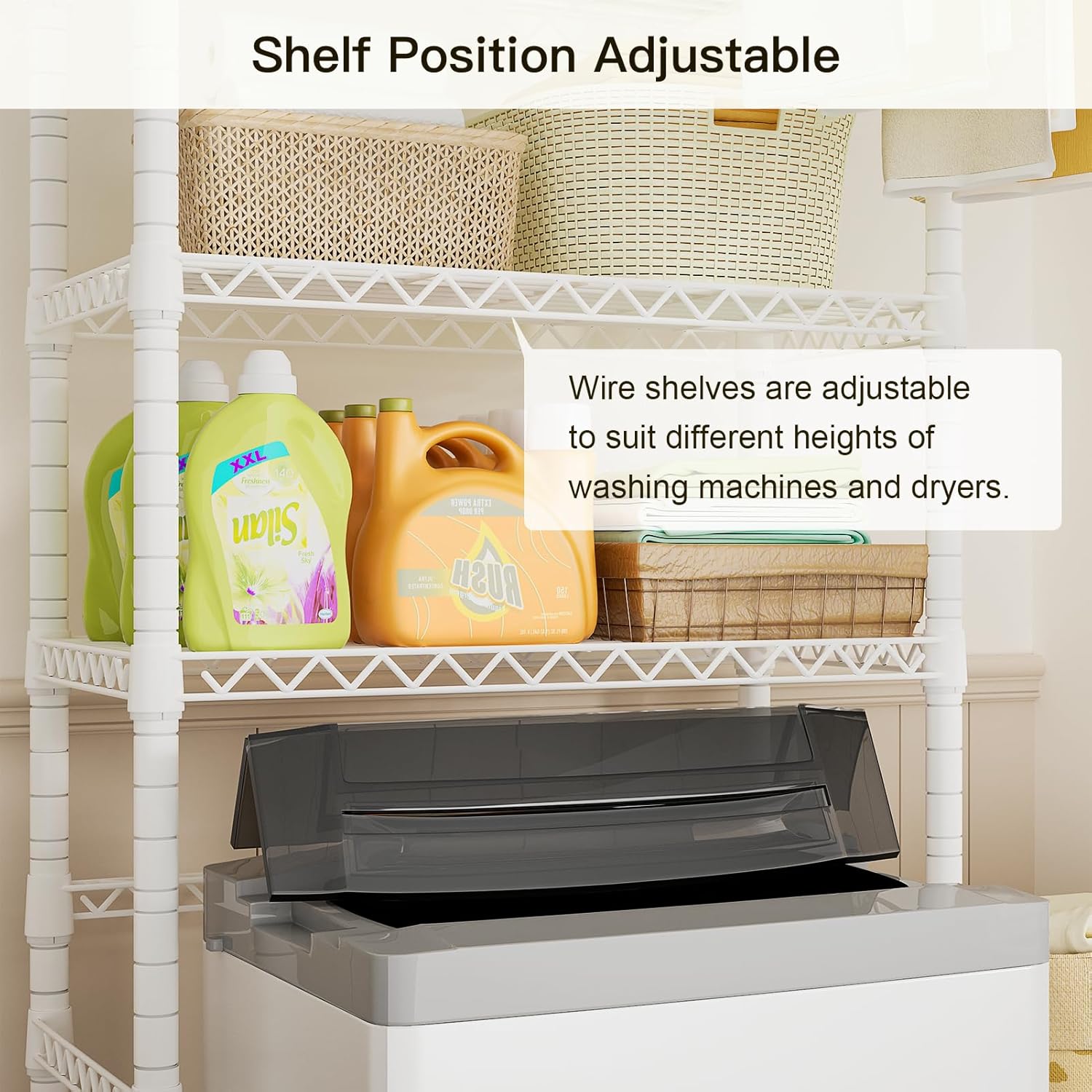 Ulif U11 Medium Over Washer and Dryer Shelves, 3 Tiers Laundry Room Storage and Organizer Standing Shelf, Metal Freestanding Clothes Drying Rack, 31.1”W x 19.7”D x 77.6”H, White