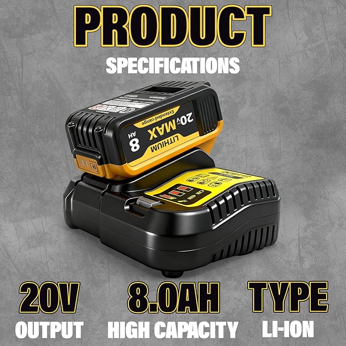 2-Pack 8000mAh High-Capacity Lithium-Ion Battery & Charger Set for DEWALT 20V MAX Battery, Perfectly Compatible with DCB207/DCB204/DCB200/DCB201/DCB203 Series Power Tools, Fast Charging