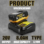 2-Pack 8000mAh High-Capacity Lithium-Ion Battery & Charger Set for DEWALT 20V MAX Battery, Perfectly Compatible with DCB207/DCB204/DCB200/DCB201/DCB203 Series Power Tools, Fast Charging