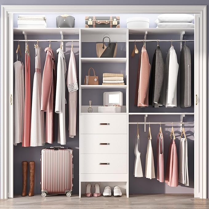 96 inch Closet System with 3 Wooden Drawers, Closet Organizer System with Storage Shelves Cutable, Wall-mounted Closet System with 3 Adjustable Hanging Rods for Walk-in Closet, White
