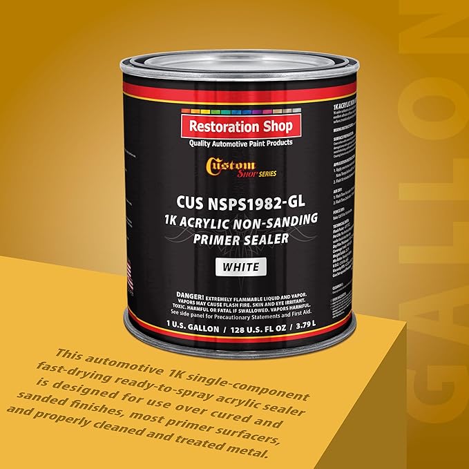 Custom Shop Premium 1K Acrylic Non-Sanding Primer Sealer Paint, Color White, 1 Gallon - Fast Drying, Ready-To-Spray, Apply Over Automotive Primer Surfacers, Sanded Finishes - Topcoat Urethane, Enamel