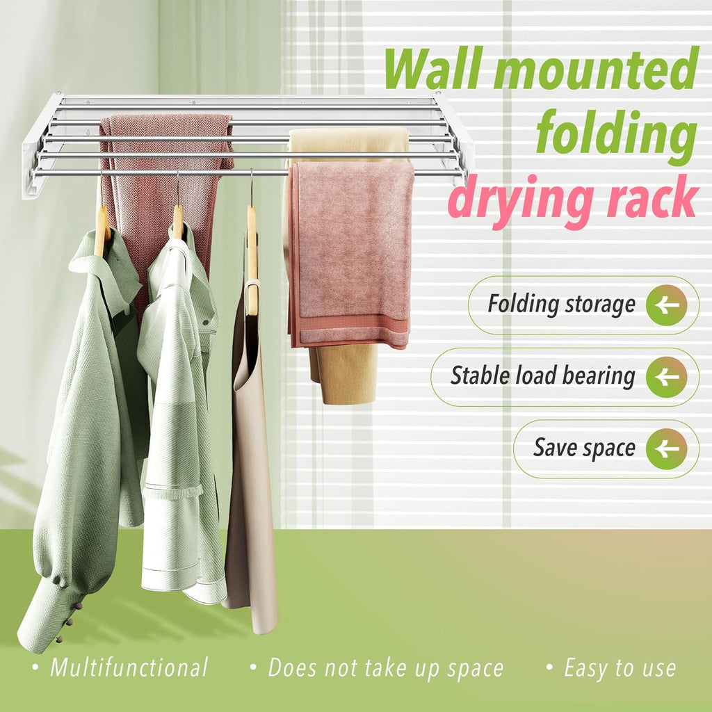 Wall Mounted Clothes Drying Rack 32 inches,Foldbale Laundry Drying Rack Wall Mount,Drying Rack Clothing Space Saver,Retractable,Collapsible,Folding Laundry Rack,White