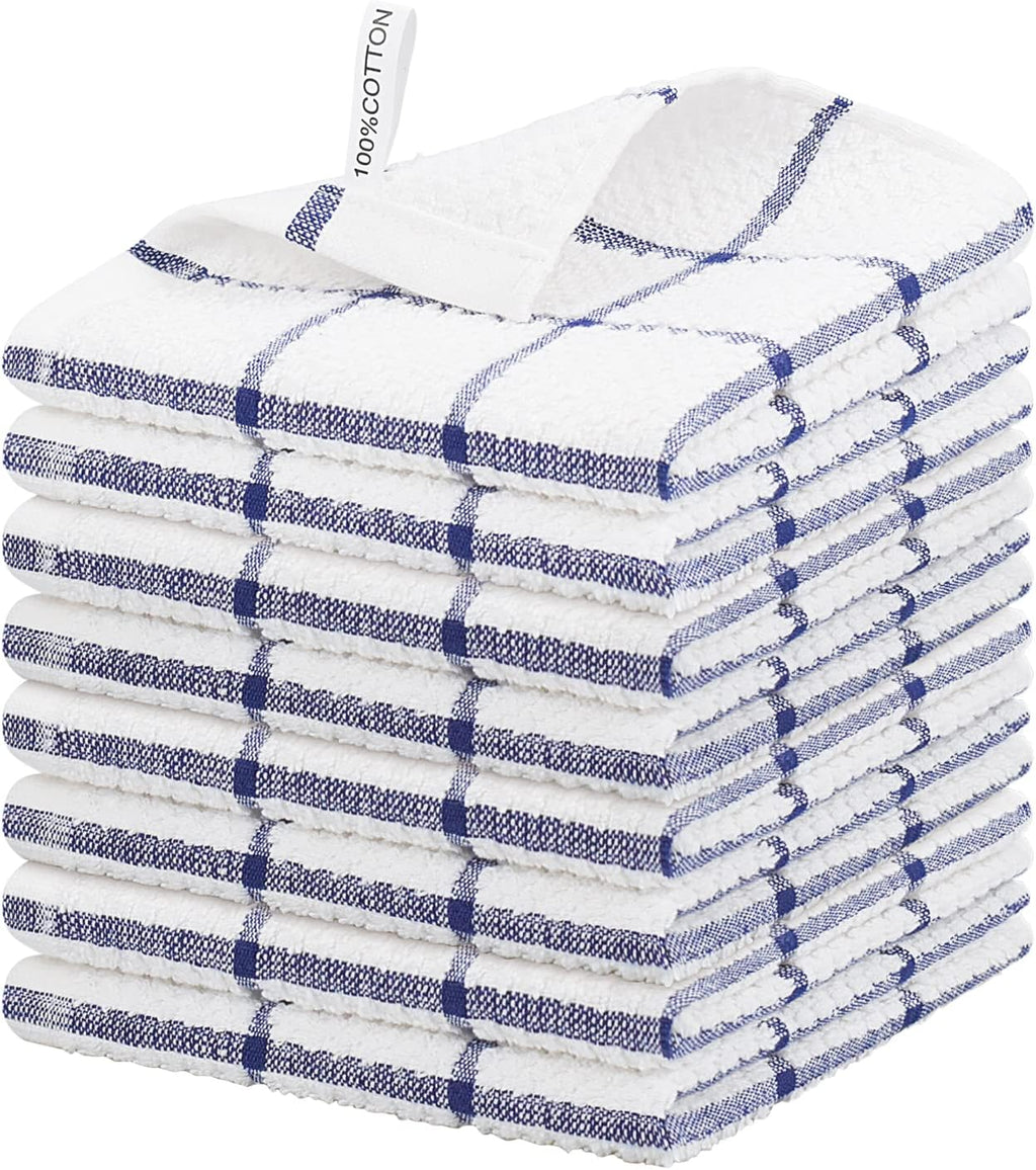 Nialnant Cotton Terry Kitchen Towels,12 x 12 Inches Dish Cloths Set of 8,Super Soft and Absorbent Dish Rags for Cleaning - Navy Blue Plaid