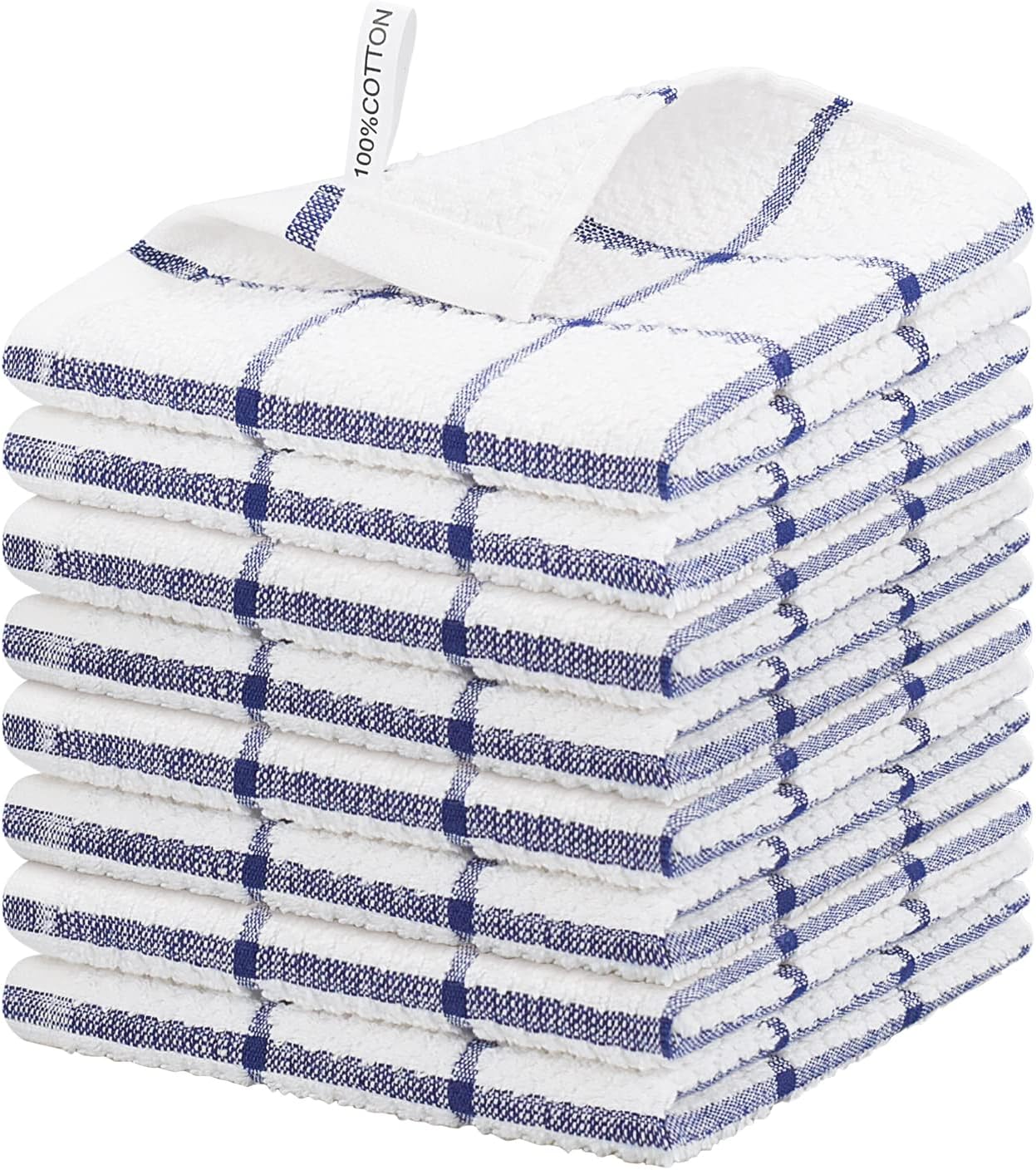 Nialnant Cotton Terry Kitchen Towels,12 x 12 Inches Dish Cloths Set of 8,Super Soft and Absorbent Dish Rags for Cleaning - Navy Blue Plaid