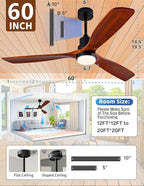 60 Inch Ceiling fans with Lights and Remote,Wood Outdoor Ceiling Fan for Patios with Dimmable LED Light,3 Blades Walnut,Noiseless Reversible DC Motor,Modern Memory Fan for Indoor,Farmhouse