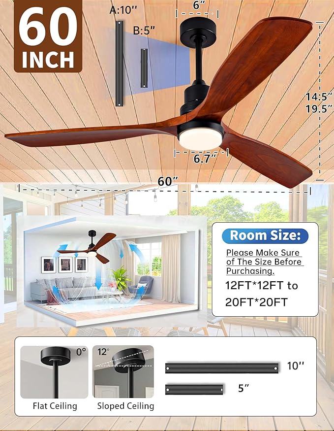 60 Inch Ceiling fans with Lights and Remote,Wood Outdoor Ceiling Fan for Patios with Dimmable LED Light,3 Blades Walnut,Noiseless Reversible DC Motor,Modern Memory Fan for Indoor,Farmhouse