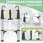 Telescoping Ladders 8.5 FT Aluminum Ladder - One-Button Retraction Collapsible Telescopic Ladder for Home,RV,Attic & Loft, Lasts 330 LBS with 2 Triangle Stabilizers and 2 Detachable Hooks