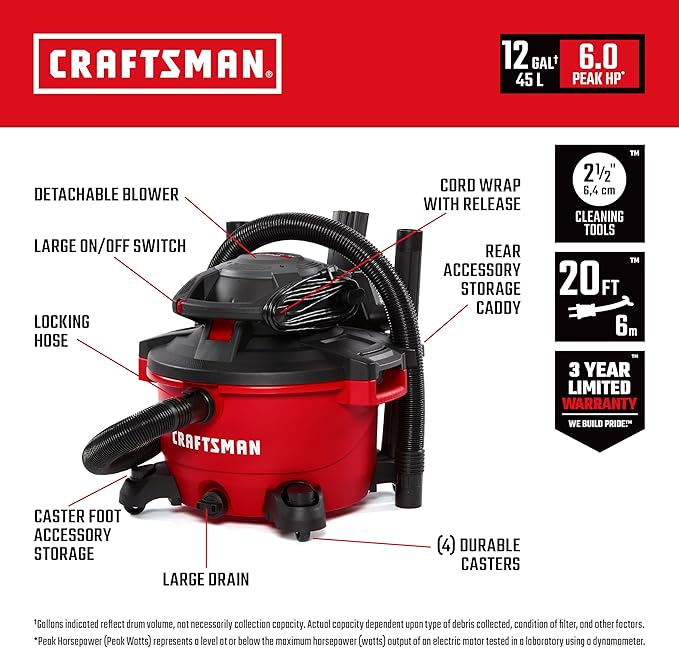 CRAFTSMAN CMXEVBE17606 12 Gallon 6.0 Peak HP Wet/Dry Shop Vac with Detachable Leaf Blower, Portable Shop Vacuum Wet and Dry with Filter, Dust Bag, Hose and Attachments for Garage, Outdoor Cleaning