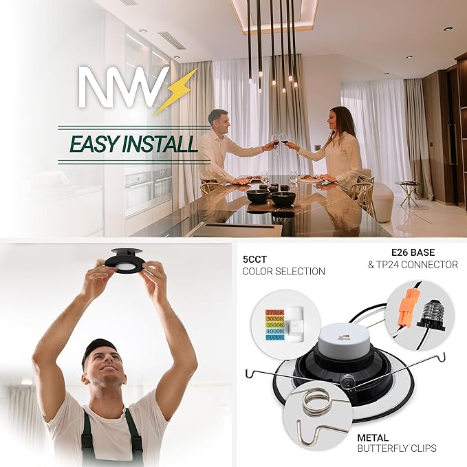 NUWATT 6 Inch 6 Pack Black Trim Retrofit Gimbal LED Recessed Downlight, High Lumen, 1200lm, 16W, Selectable 5CCT 2700K/3000K/3500K/4000K/5000K Dimmable, Adjustable Lens Eyeball Light, ETL Listed
