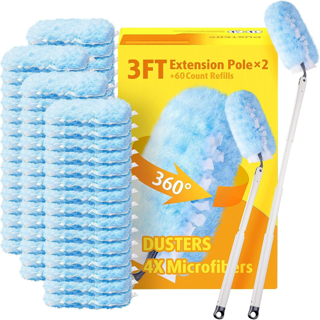 60 Count Heavy Duty Duster Refills with Two 3 ft Extendable Handle Starter Kit, Compatible with Swiffer Disposable Microfiber Feather Dusters for Cleaning Home