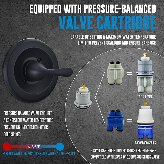 Replacement for Delta Classic 13 Series Single-Function Trim Kit, T13020-BL Matte Black Shower Handle, Fit Delta Shower Valve R10000 Series (2 Style of Cartridge Included)