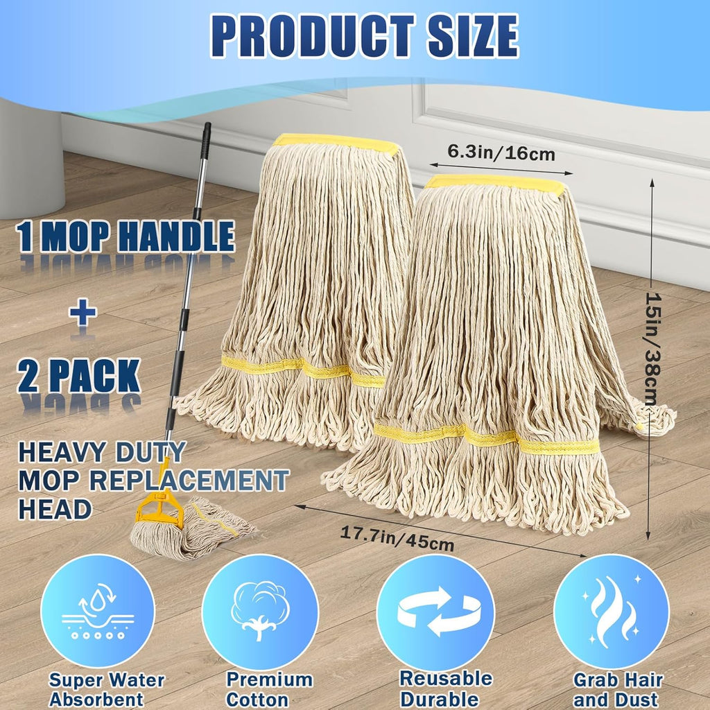 2 Pack 20oz Loop-End String Wet Mop Refills,Heavy Duty Cotton Commerical Industrial Grade Mop Replacements Heads for Home,Workshop,Garage Floors Cleaning,with 63'' Stainless Steel Mop Handle