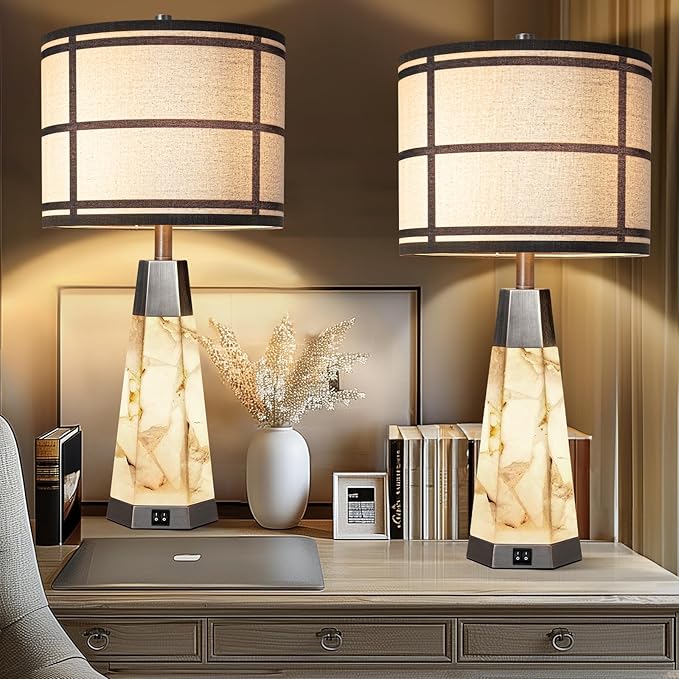 27" Natural Alabaster Table Lamps for Living Room, Bedroom Lamps Set of 2 with Night Light, Living Room Lamps with USB A+C Ports, Table Lamp with Linen Shade for Bedside (Bulbs Included)