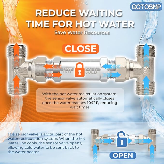 Hot Water Recirculating Pump Kit, Circulation Pump, with Brass Sensor Valve Kit, 1/2’’ Stainless Steel Braided Hose, and Water Heater Timer for Tank Water Heaters
