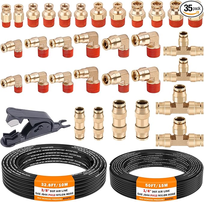CheeMuii 32 Pcs Brass DOT Air Line Fittings With 50 FT 1/4" and 32.8 FT 3/8" DOT Air Lines Kit 3/8" 1/2" NPT Thread & Quick Connect Fittings for Semi Truck Trailer or Industrial Air System