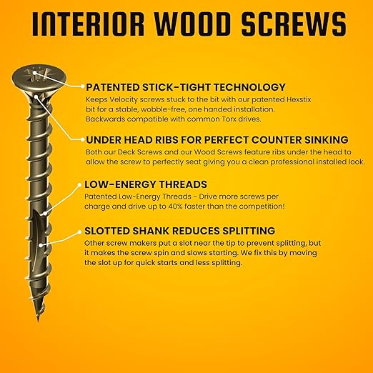 Velocity Interior 1 1/8 Inch Wood Screws DIY Pack (Size #8, 150 Pcs) – Zinc and Yellow Coating, Stick-Tight Technology, Screw for Wood Working with PSD ACR Driver Bit