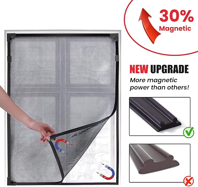 DIY Magnetic Window Screen Replacement Adjustable Mesh Screen with Magnets Fits 72"Hx48"W Black Frames with Grey Fiberglass Screen