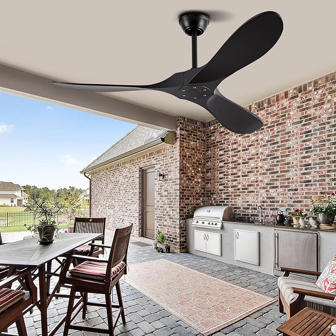 52" Ceiling Fans Without Lights, Solid Wood Ceiling Fan with Remote Control and Quiet DC Motor, Ceiling Fan no Light 3 Blades, Indoor Outdoor Ceiling Fans for Patios, Bedroom- Black