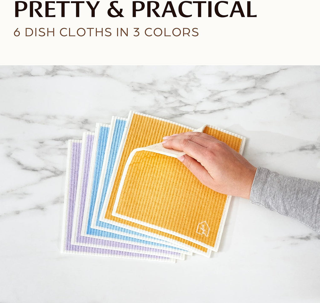 Swedish Dish Cloths for Kitchen - Reusable Dishcloths for Washing Dishes - Each Cellulose Dish Cloth Replaces 15 Rolls of Paper Towels and is More Absorbent than a Sponge - Dishcloth Set of Six