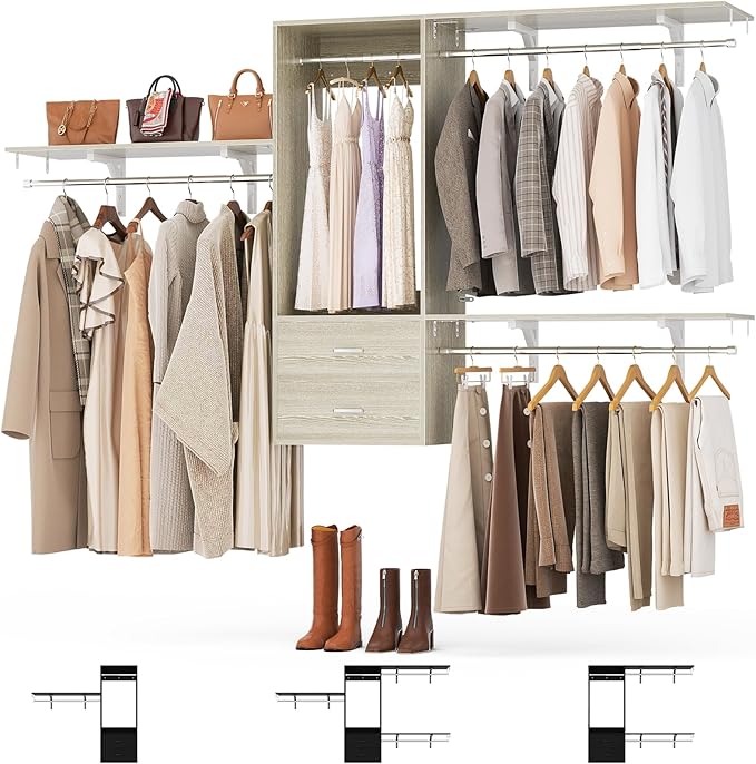 Cyclysio 8 FT Hanging Closet Organizer, 96 Inch Closet Organizer and Storage with 4 Adjustable Rods and 3 Shelving Towers, Wardrobe with Drawers for 4-8FT Spaces(Cut-to-Fit), Oak