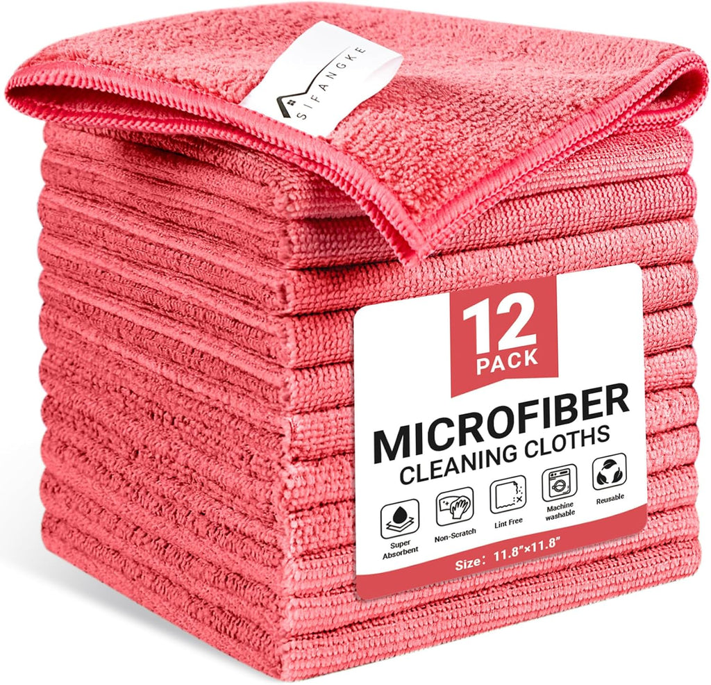 Microfiber Cleaning Cloth, 12 Pack Pink Cleaning Rags for Housekeeping, Reusable Microfiber Towels for Car, Kitchen, Bathroom and Household Cleaning Supplies, 11.8"X11.8"