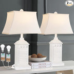 Table Lamps for Living Room Set of 2, Coastal White Bedside Lamps for Bedroom with USB A+C Outlet Modern Resin 3-Color Temperature Nightstand Lamp for End Table (Bulbs Included)